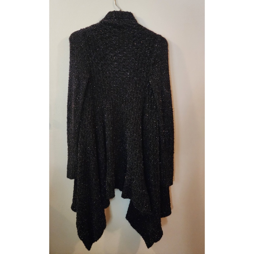 Bebe Cardigan M/L Black Metallic Sparkle Waterfall Draped Asymmetric Sweater